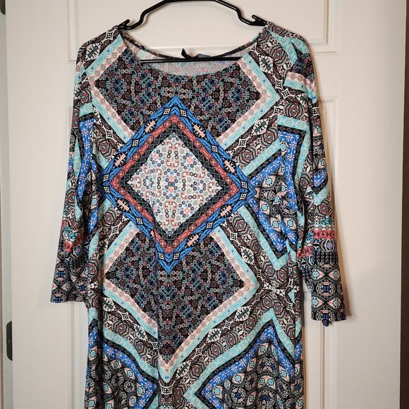 Be by Chetta Womens Dress Knit Sz 16 Black Multi Print Half Sleeve Midi Boho - Picture 2 of 9